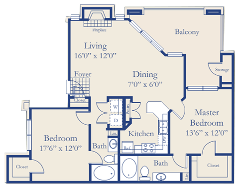 Floor plan for 2 beds, 2 baths, 1152 sqft