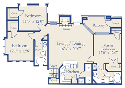 Floor plan for 3 beds, 2 baths, 1282 sqft