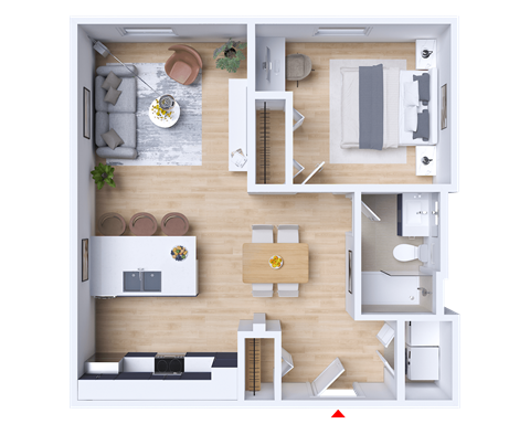 Floor plan for 1 bed, 1 bath, 596 sqft