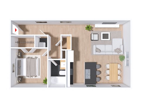 Floor plan for 1 bed, 1 bath, 707 sqft
