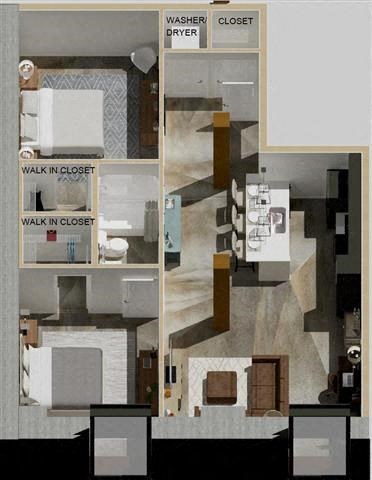 Floor plan for 2 beds, 1 bath, 934 sqft