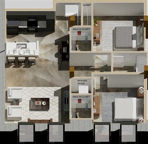 Floor plan for 2 beds, 1 bath, 977 sqft