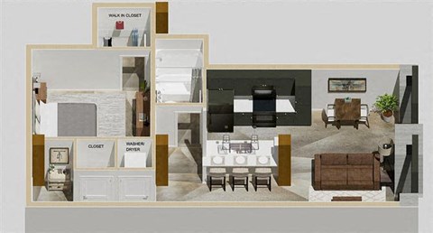 Floor plan for 1 bed, 1 bath, 730 sqft