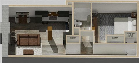 Floor plan for 1 bed, 1 bath, 641 sqft