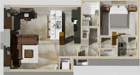 Floor plan for 1 bed, 1 bath, 767 sqft