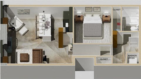 Floor plan for 1 bed, 1 bath, 716 sqft