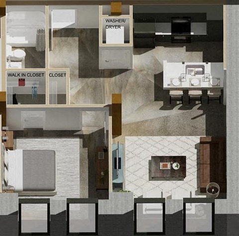 Floor plan for 1 bed, 1 bath, 738 sqft
