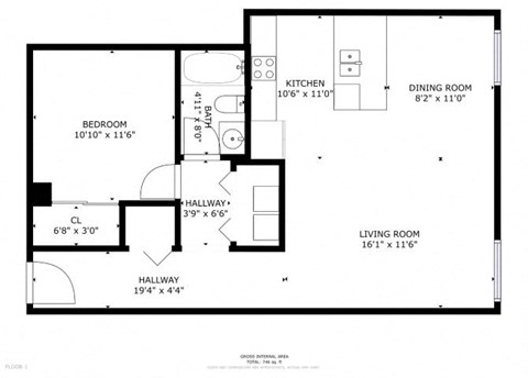 Floor plan for 1 bed, 1 bath, 744 sqft