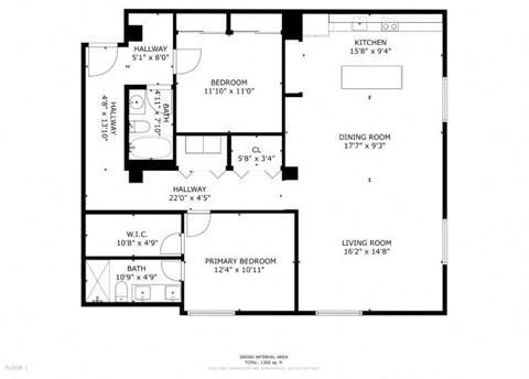 Floor plan for 2 beds, 2 baths, 1375 sqft