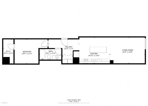 Floor plan for 1 bed, 1 bath, 744 sqft