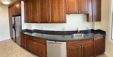 San Francisco apartment for rent - a kitchen with wooden cabinets and a stainless steel dishwasher