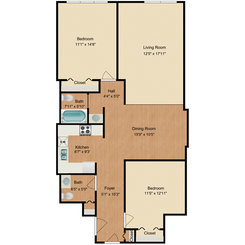 Floor plan for 2 beds, 1.5 baths, 1290 sqft