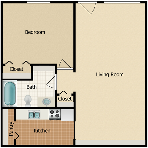 Floor plan for 1 bed, 1 bath, 580 sqft