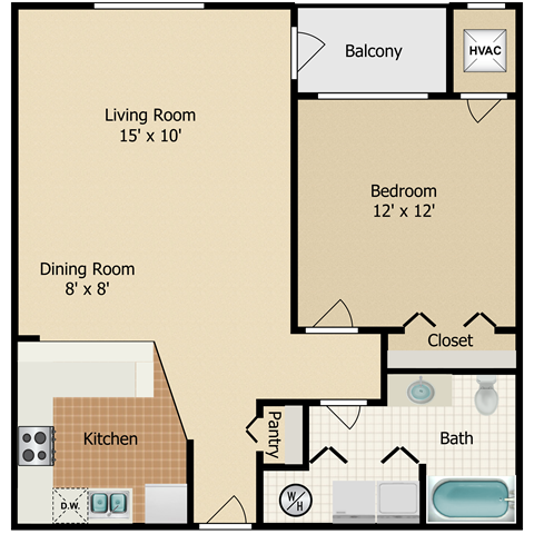 Floor plan for 1 bed, 1 bath, 770 sqft