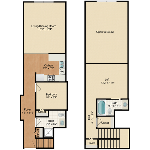 Floor plan for 1 bed, 1.5 baths, 1060 sqft