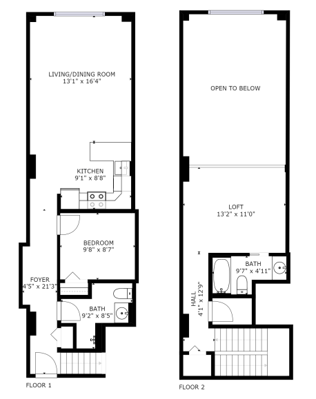 Floor plan for 1 bed, 1.5 baths, 1000 sqft