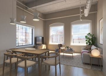 Cleveland apartment for rent - a rendering of a living room and dining room with a table and chairs