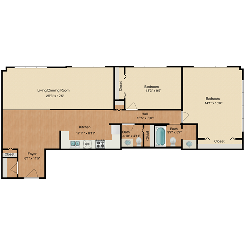Floor plan for 2 beds, 1.5 baths