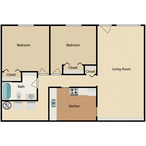 Floor plan for 2 beds, 1 bath, 865 sqft