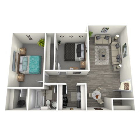 Floor plan for 2 beds, 1 bath, 782 sqft