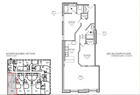 Floor plan for 2 beds, 2 baths, 1052 sqft