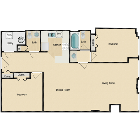 Floor plan for 2 beds, 1.5 baths, 940 sqft