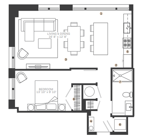 Floor plan for 1 bed, 1 bath, 851 sqft