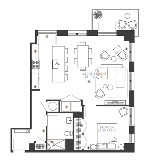 Floor plan for 1 bed, 1 bath, 994 sqft