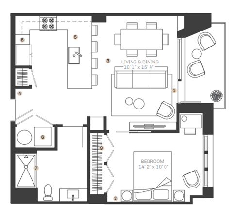 Floor plan for 1 bed, 1 bath, 770 sqft