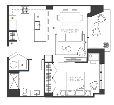 Floor plan for 1 bed, 1 bath, 783 sqft