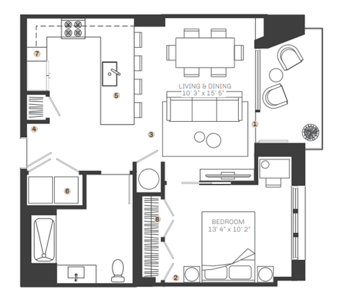 Floor plan for 1 bed, 1 bath, 781 sqft