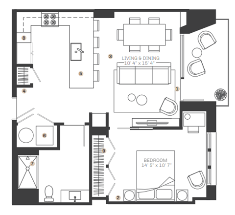 Floor plan for 1 bed, 1 bath, 770 sqft