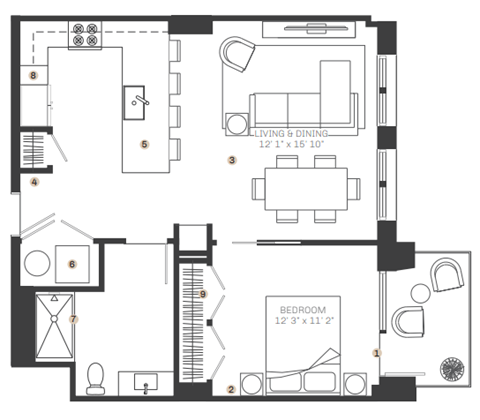 Floor plan for 1 bed, 1 bath, 790 sqft