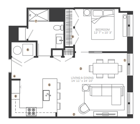 Floor plan for 1 bed, 1 bath, 766 sqft