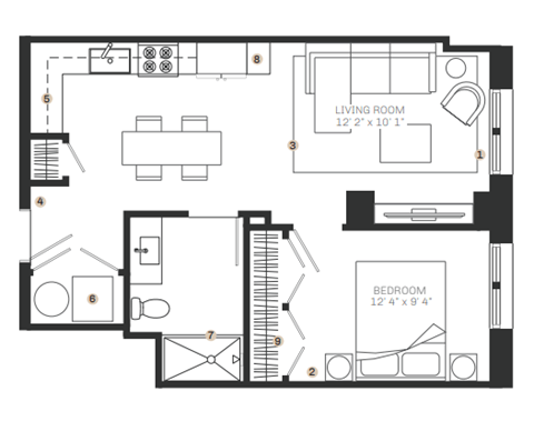 Floor plan for 1 bed, 1 bath, 625 sqft