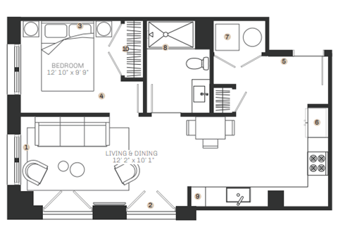 Floor plan for 1 bed, 1 bath, 670 sqft