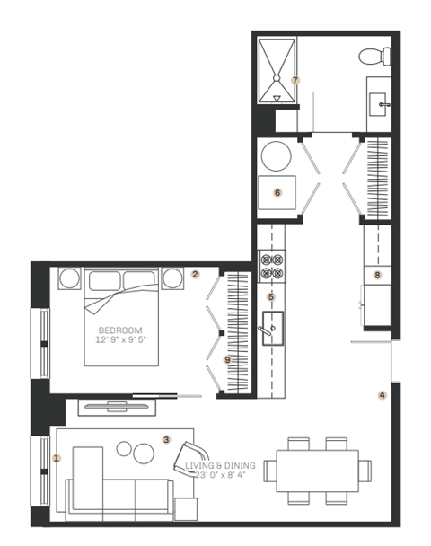 Floor plan for 1 bed, 1 bath, 712 sqft