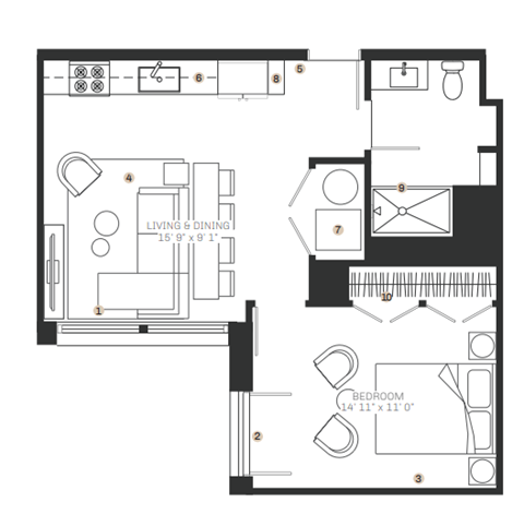 Floor plan for 1 bed, 1 bath, 647 sqft