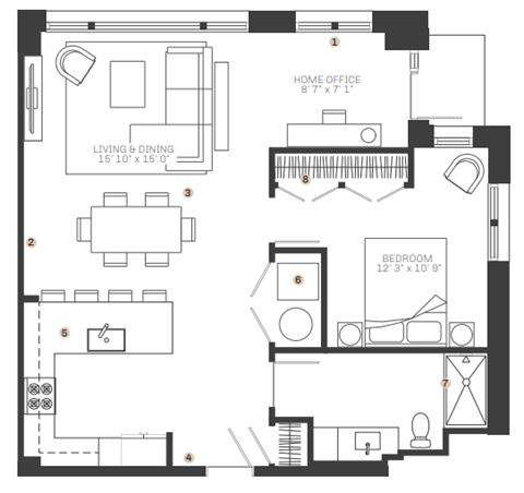 Floor plan for 1 bed, 1 bath, 981 sqft