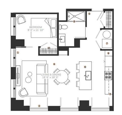 Floor plan for 1 bed, 1 bath, 808 sqft