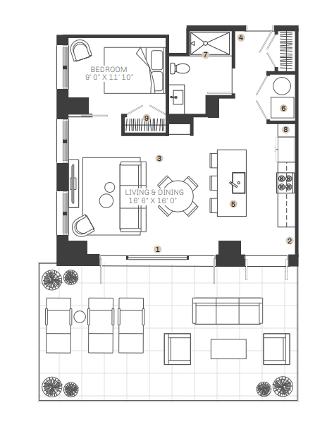 Floor plan for 1 bed, 1 bath, 808 sqft