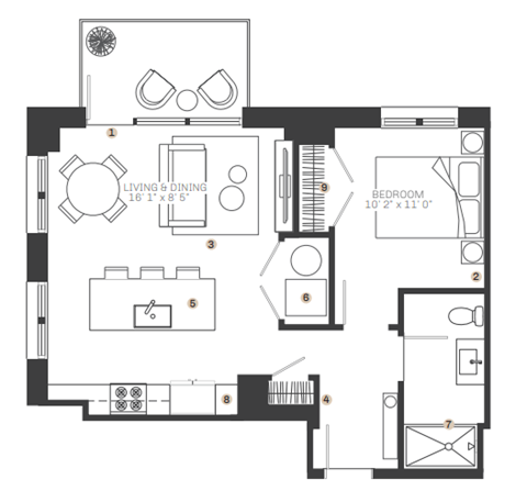 Floor plan for 1 bed, 1 bath, 708 sqft