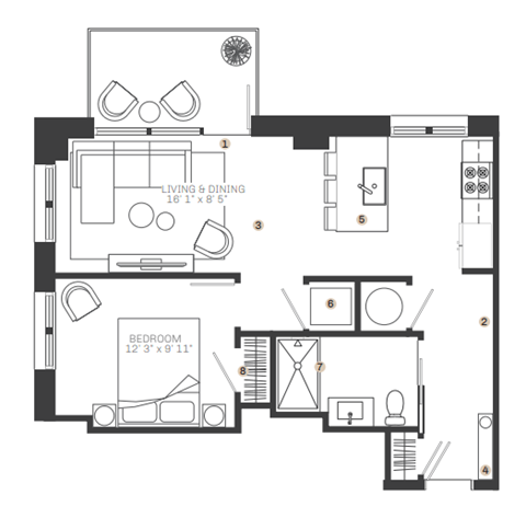 Floor plan for 1 bed, 1 bath, 693 sqft