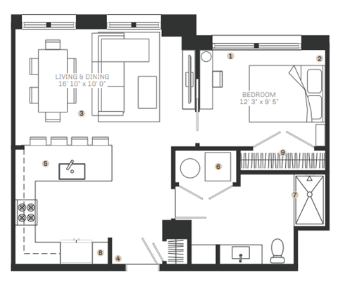 Floor plan for 1 bed, 1 bath, 727 sqft