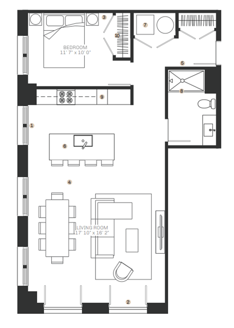 Floor plan for 1 bed, 1 bath, 945 sqft