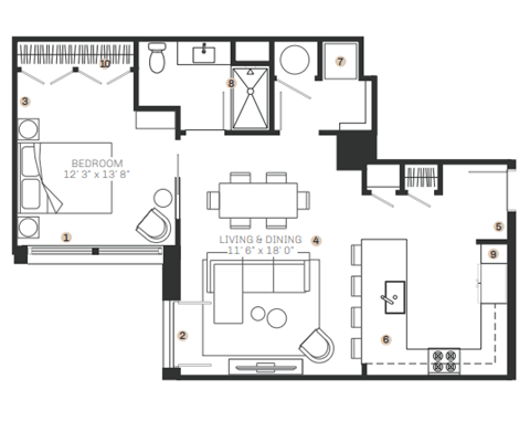 Floor plan for 1 bed, 1 bath, 826 sqft