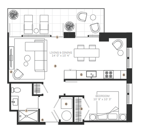 Floor plan for 1 bed, 1 bath, 724 sqft