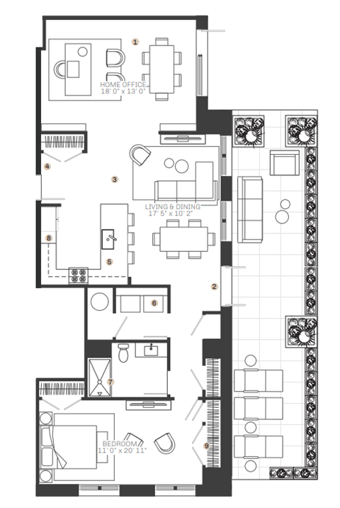 Floor plan for 1 bed, 1 bath, 1413 sqft