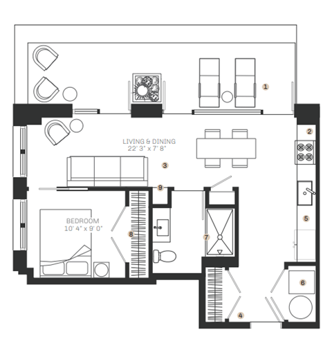 Floor plan for 1 bed, 1 bath, 626 sqft