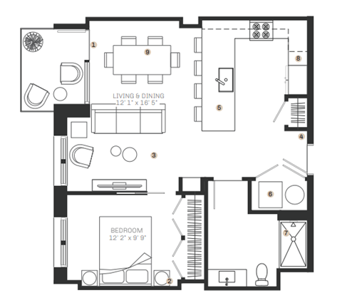 Floor plan for 1 bed, 1 bath, 770 sqft